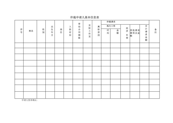 仲裁申請人基本信息表